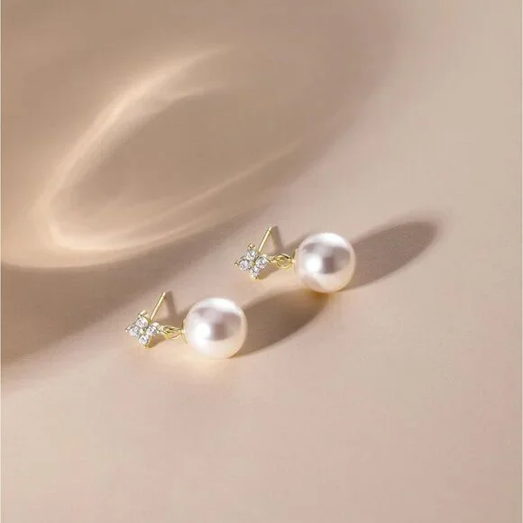 Mamelody 925 Silver Pearl Drop Earrings, CZ Studs, Gold Plated Bridal Jewelry - Picture 2 of 6